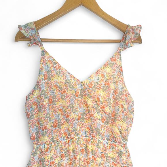 Promesa Women's Floral Surplice Mini Dress Size L Peach Floral Chiffon Sundress - Picture 3 of 10